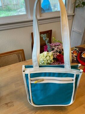 Turquoise and White Canvas Tote Bag